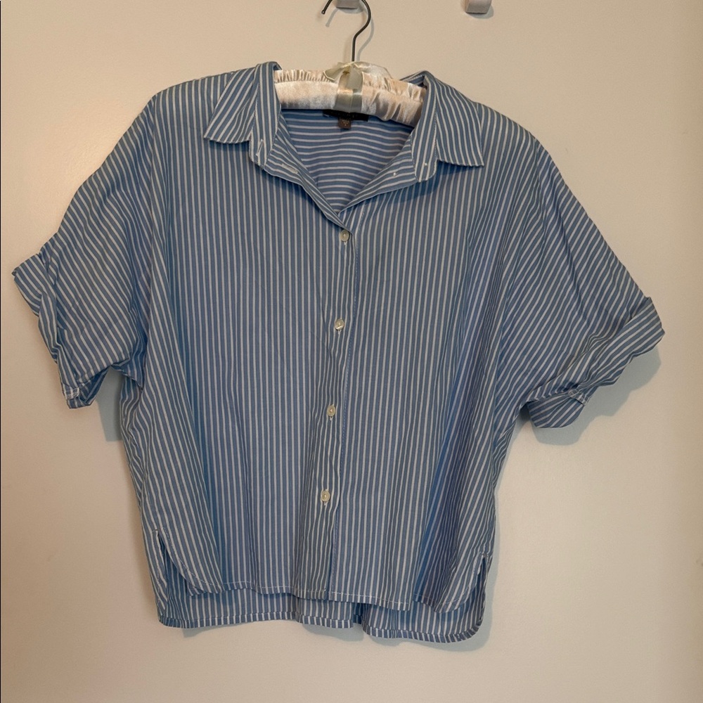 Lilla P Blue and White Striped Button-Front Blouse